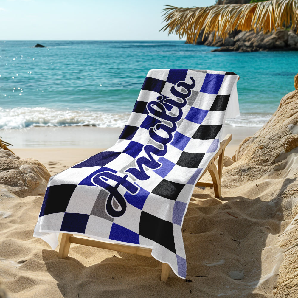 Custom Beach Towel Personalized Name Plaid Swimming Towel Summer Holiday Gift - auphotoblanket