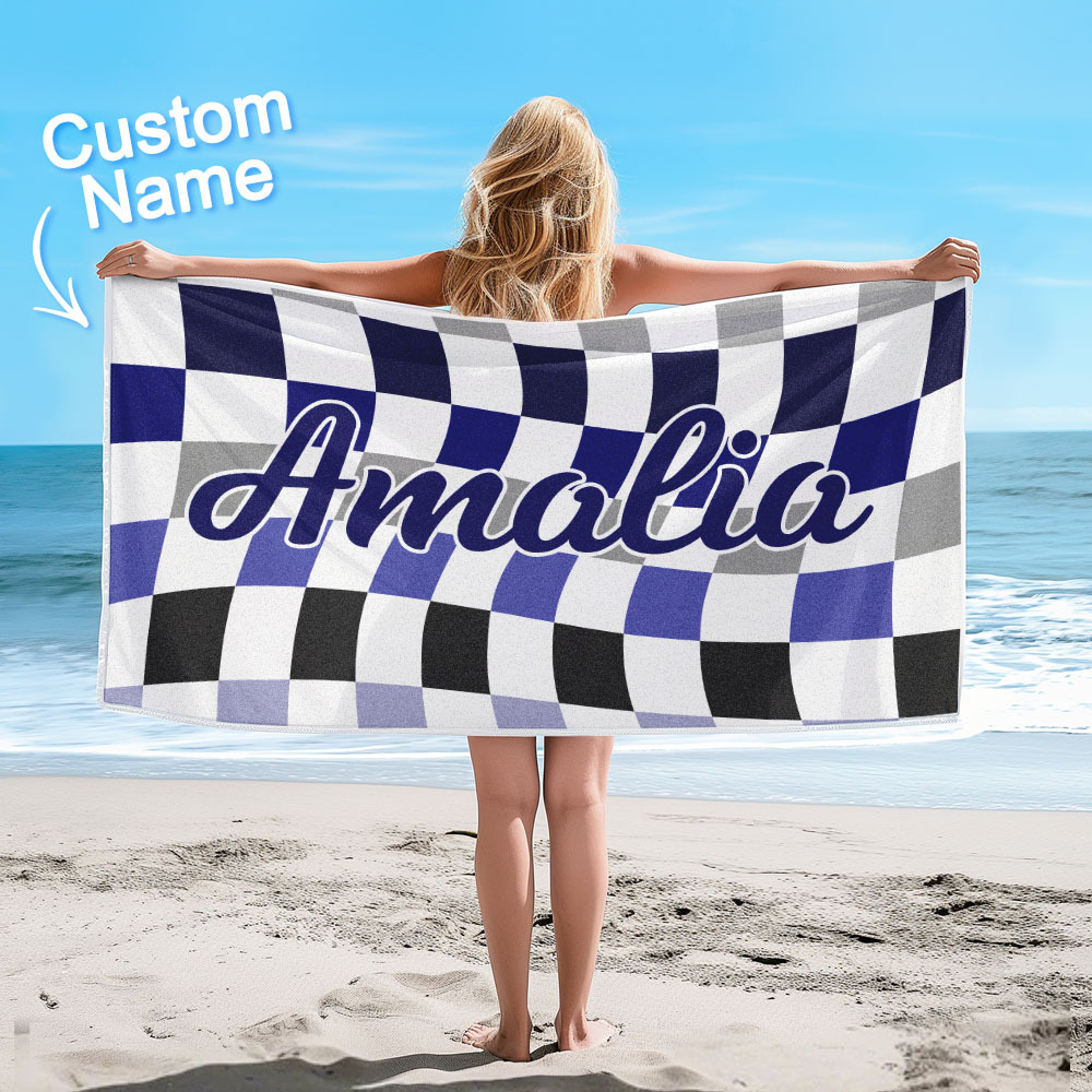 Custom Beach Towel Personalized Name Plaid Swimming Towel Summer Holiday Gift - auphotoblanket
