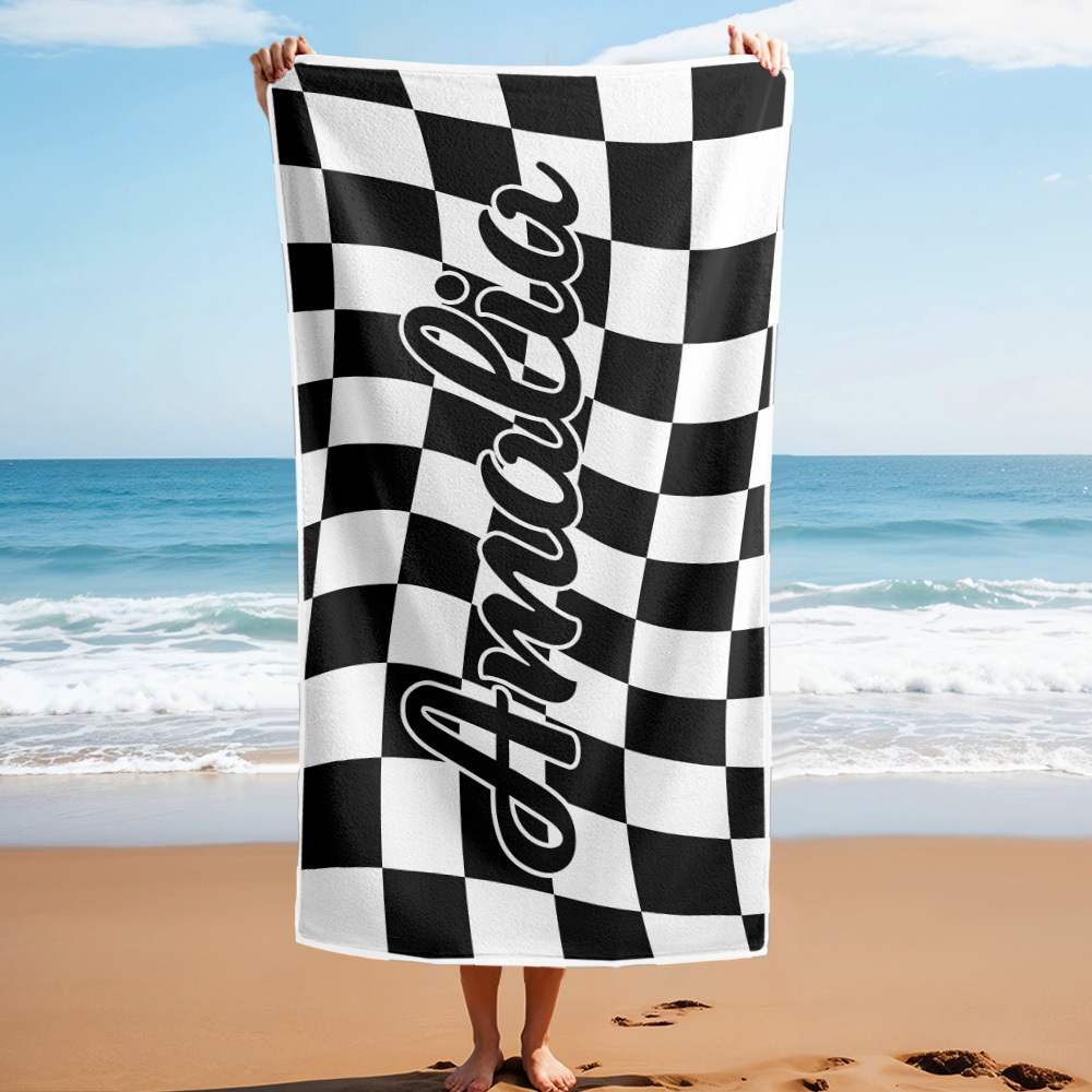 Custom Beach Towel Personalized Name Plaid Swimming Towel Summer Holiday Gift - auphotoblanket