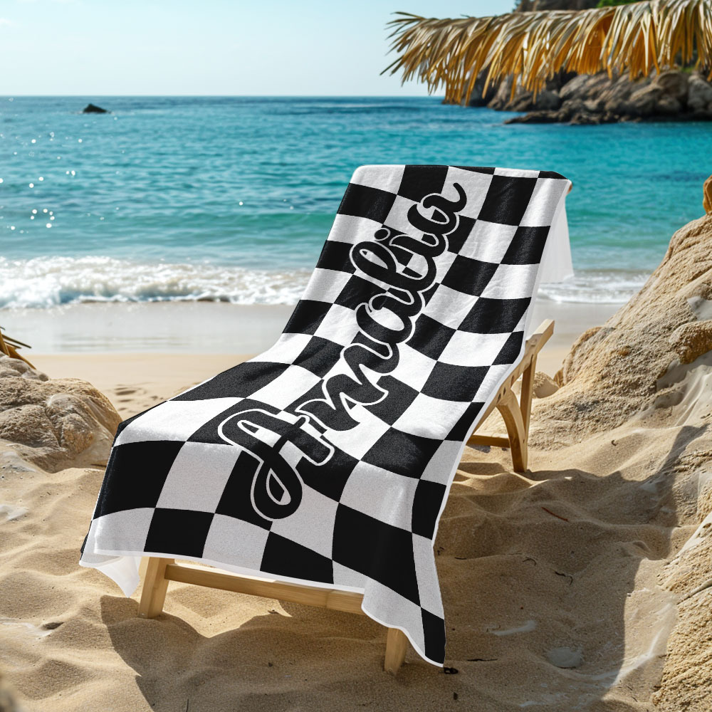 Custom Beach Towel Personalized Name Plaid Swimming Towel Summer Holiday Gift - auphotoblanket