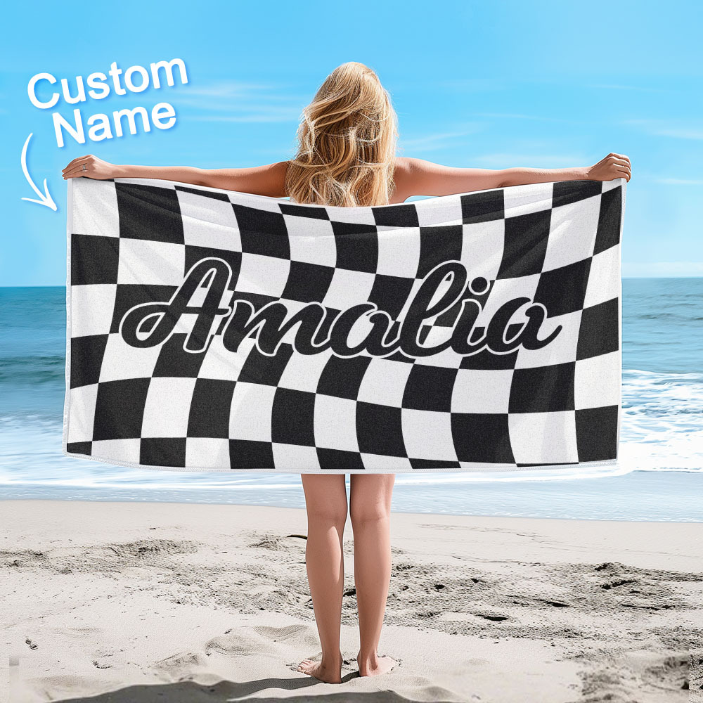 Custom Beach Towel Personalized Name Plaid Swimming Towel Summer Holiday Gift - auphotoblanket