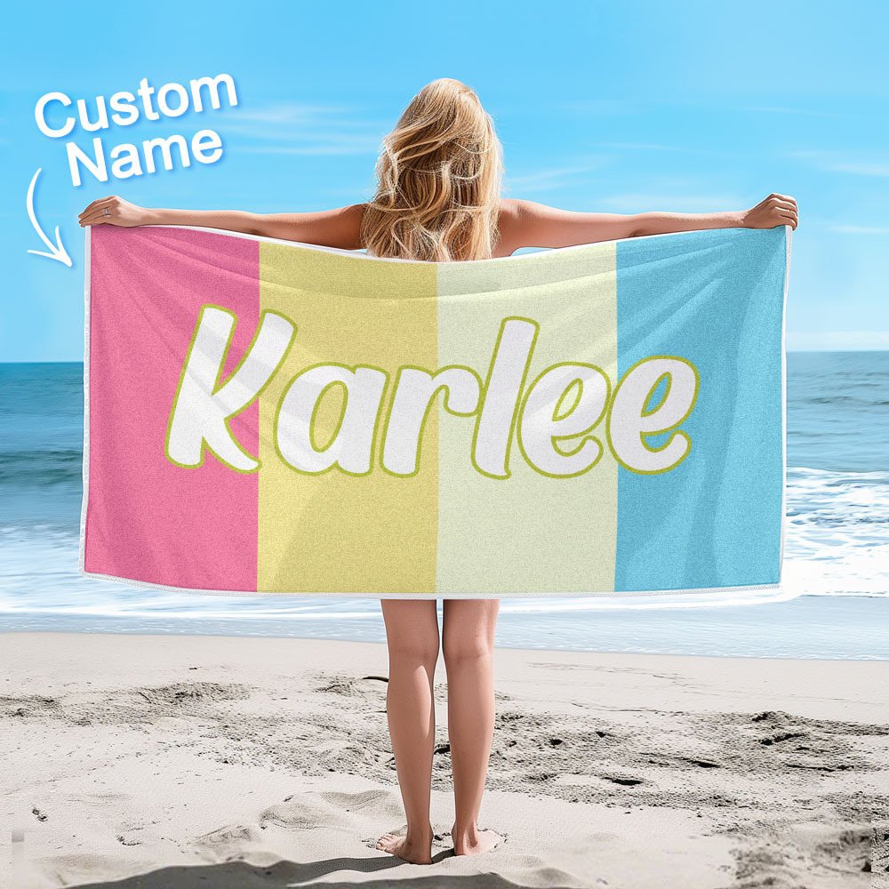 Custom Colorful Beach Towel With Name Personalized Pool Towel Groovy Birthday Vacation Gift - auphotoblanket