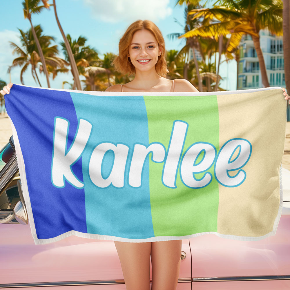 Custom Colorful Beach Towel With Name Personalized Pool Towel Groovy Birthday Vacation Gift - auphotoblanket