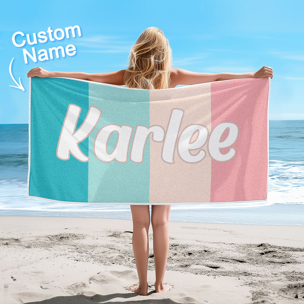 Custom Colorful Beach Towel With Name Personalized Pool Towel Groovy Birthday Vacation Gift - auphotoblanket