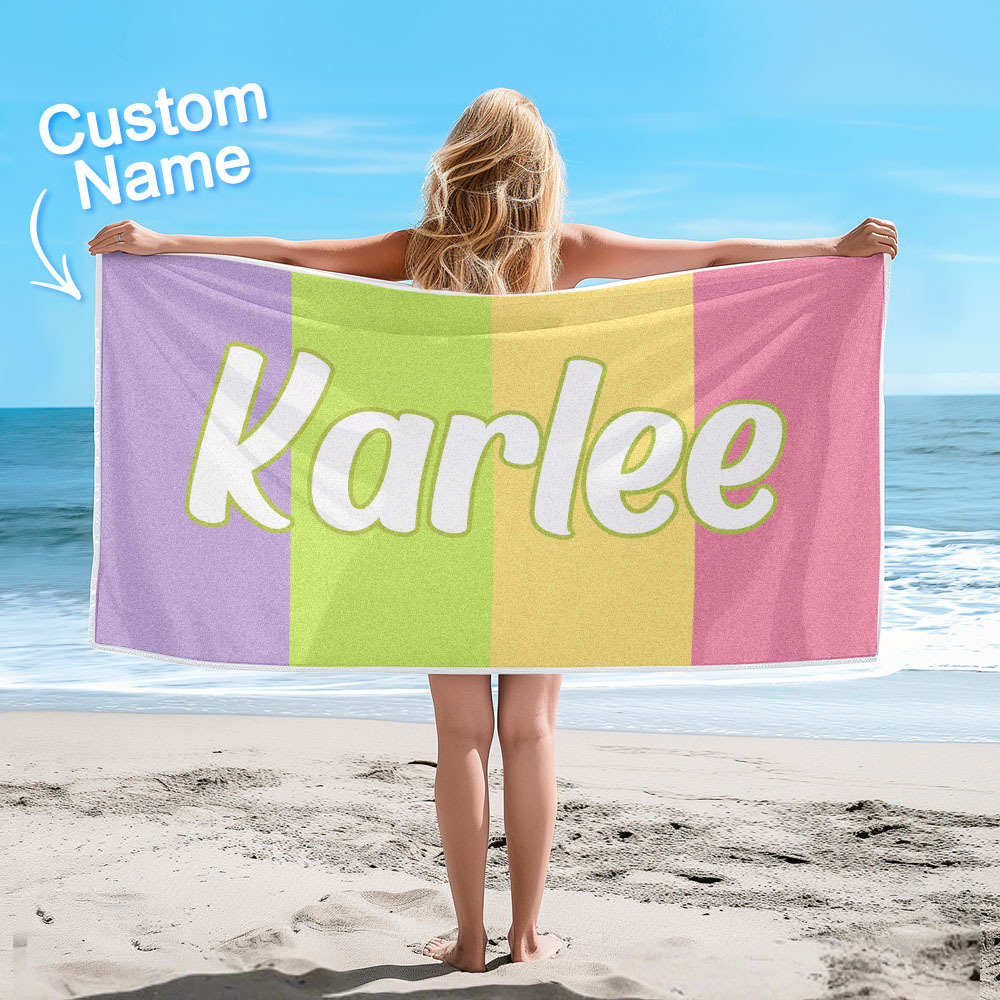 Custom Colorful Beach Towel With Name Personalized Pool Towel Groovy Birthday Vacation Gift - auphotoblanket