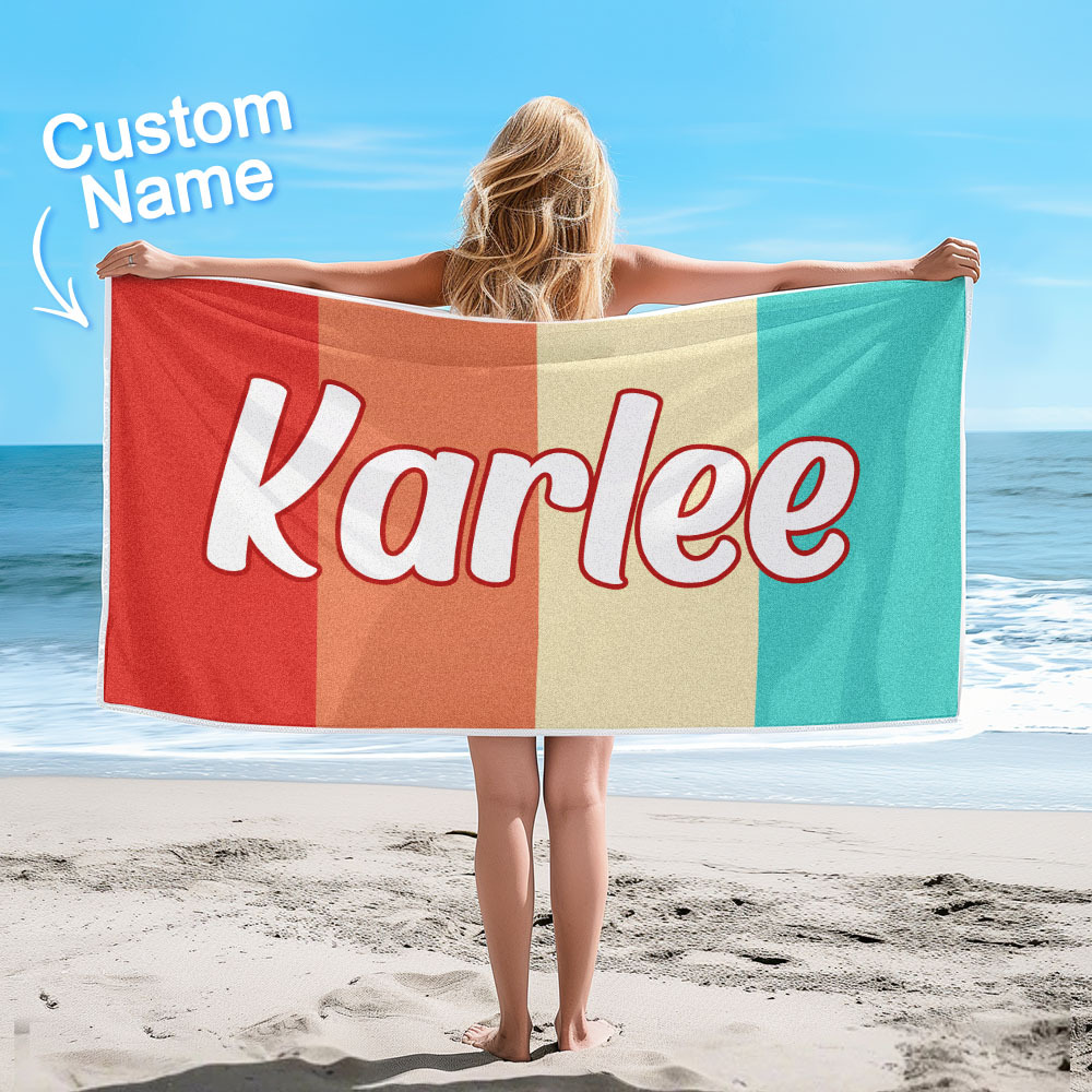 Custom Colorful Beach Towel With Name Personalized Pool Towel Groovy Birthday Vacation Gift - auphotoblanket