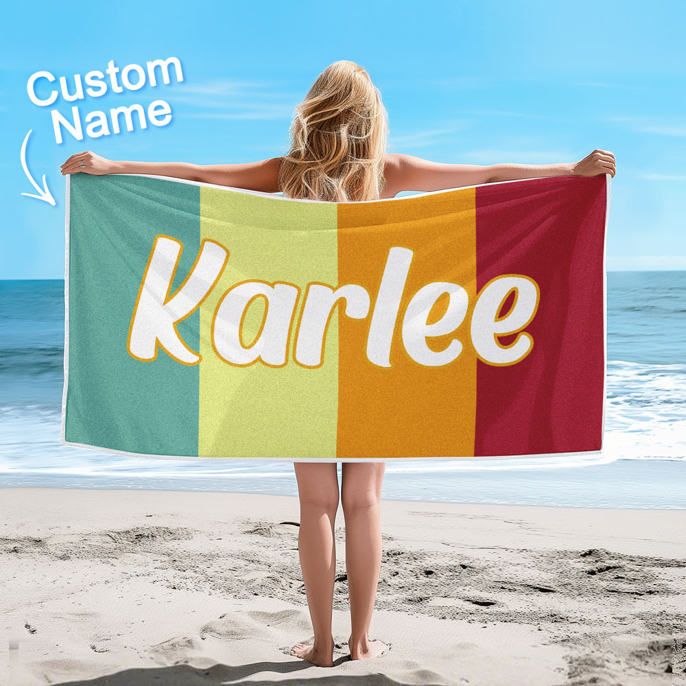 Custom Colorful Beach Towel With Name Personalized Pool Towel Groovy Birthday Vacation Gift - auphotoblanket