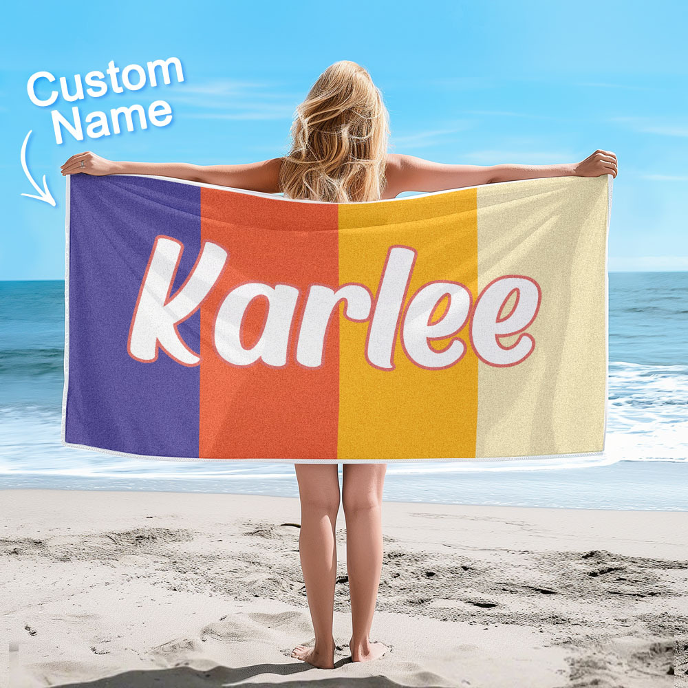 Custom Colorful Beach Towel With Name Personalized Pool Towel Groovy Birthday Vacation Gift - auphotoblanket