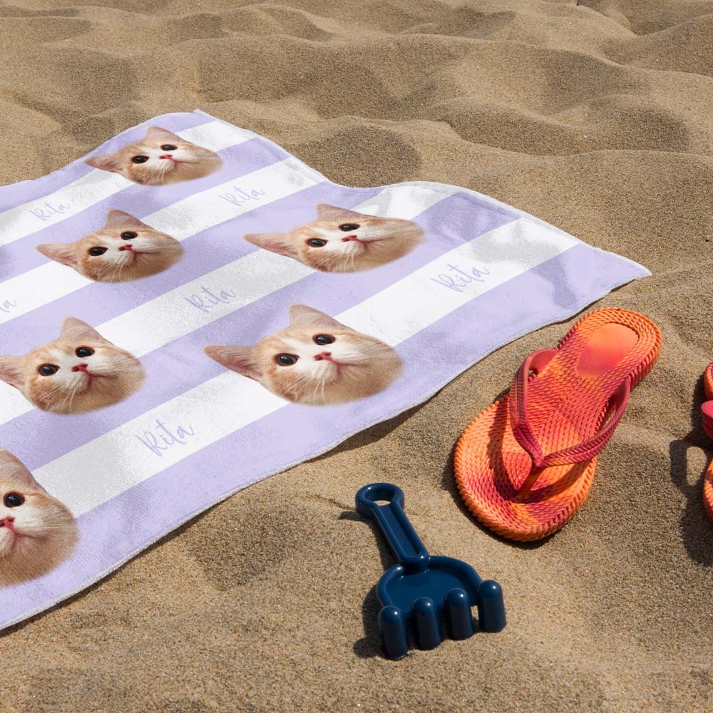 Custom Pet Photo Beach Towel Stripe Beach Towel Gift Summer Holiday - auphotoblanket