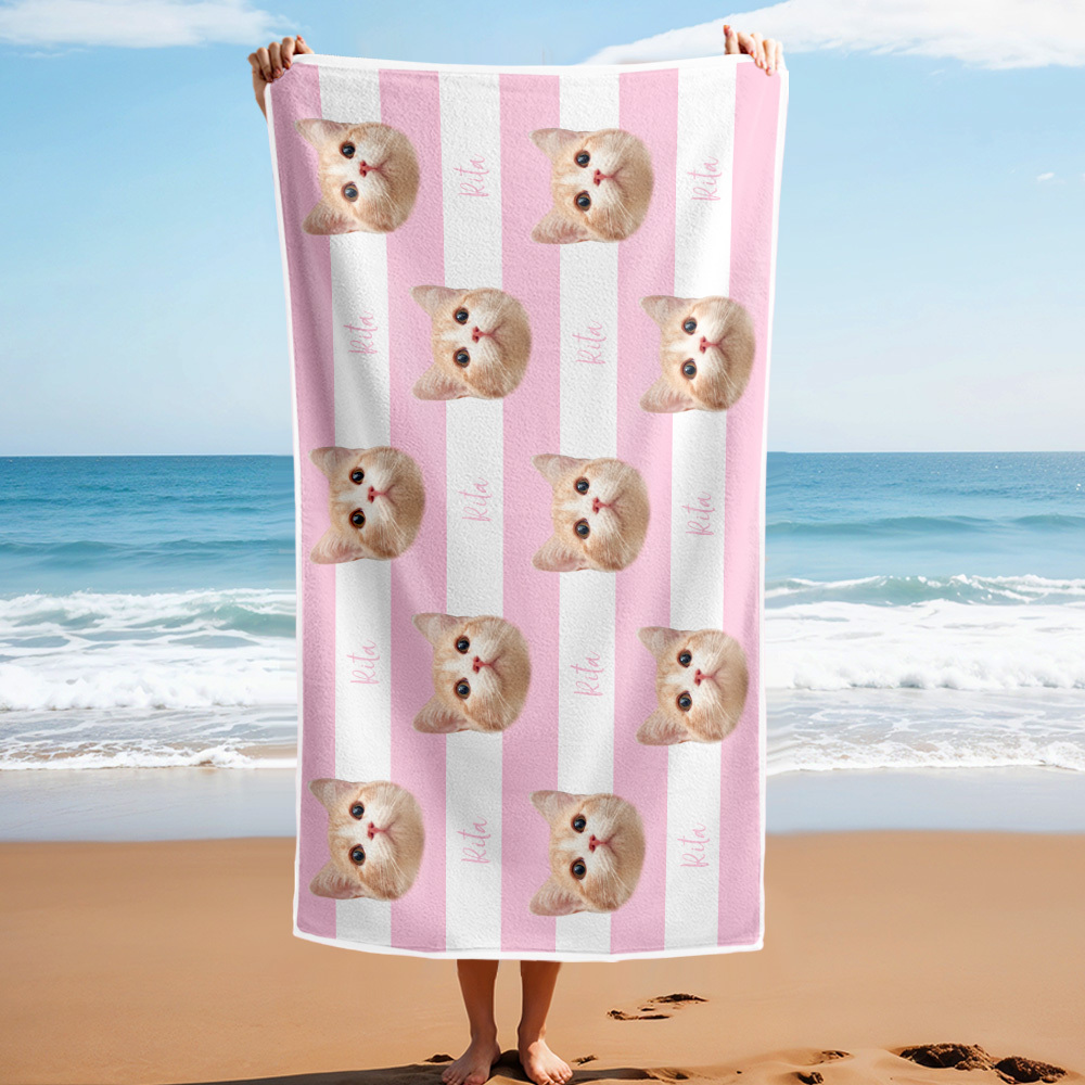 Custom Pet Photo Beach Towel Stripe Beach Towel Gift Summer Holiday - auphotoblanket