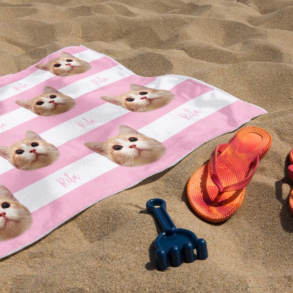 Custom Pet Photo Beach Towel Stripe Beach Towel Gift Summer Holiday - auphotoblanket