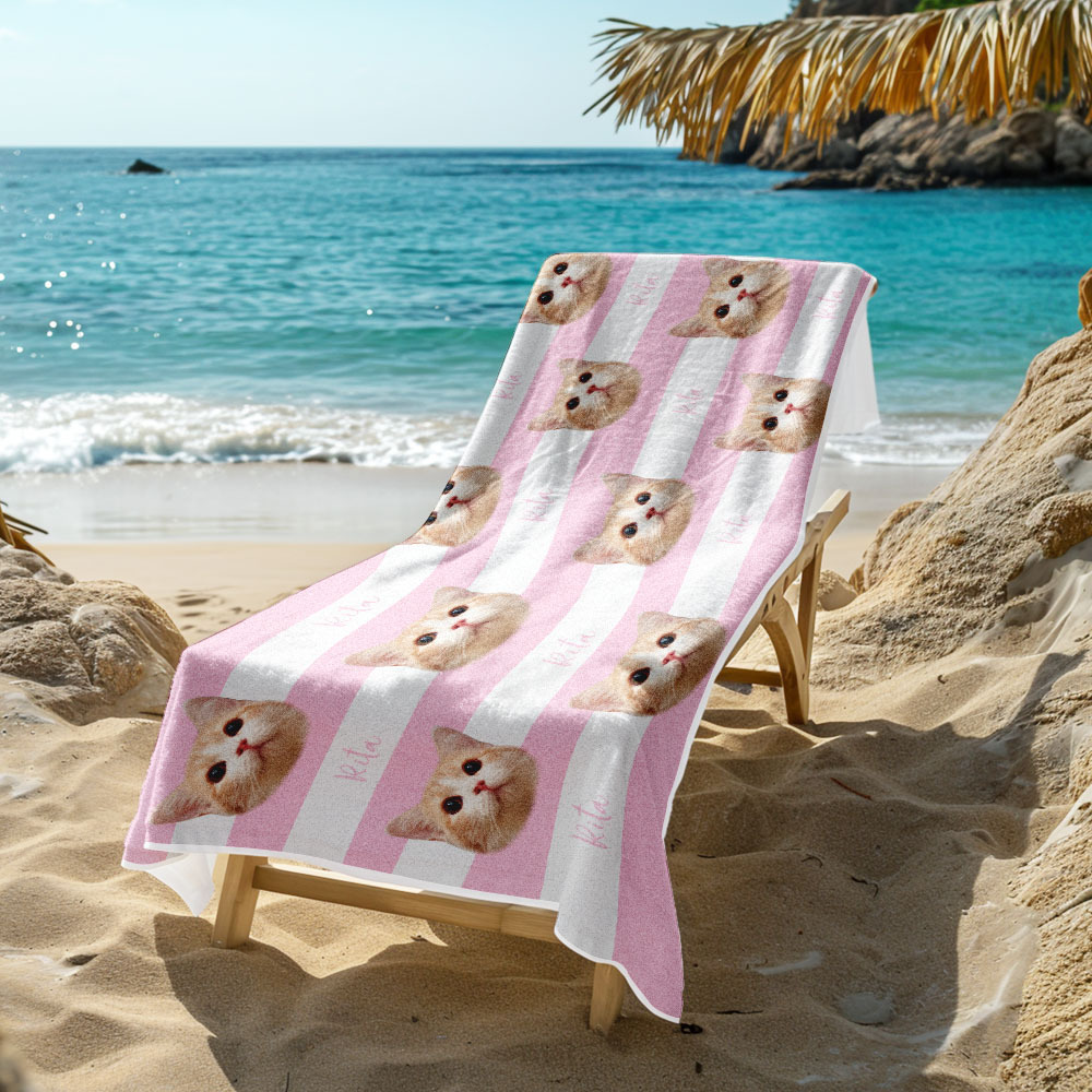 Custom Pet Photo Beach Towel Stripe Beach Towel Gift Summer Holiday - auphotoblanket