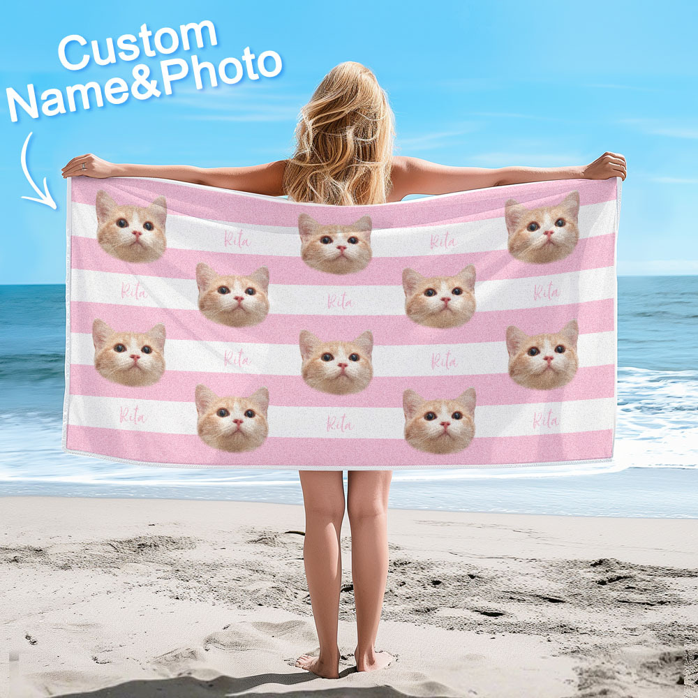 Custom Pet Photo Beach Towel Stripe Beach Towel Gift Summer Holiday - auphotoblanket