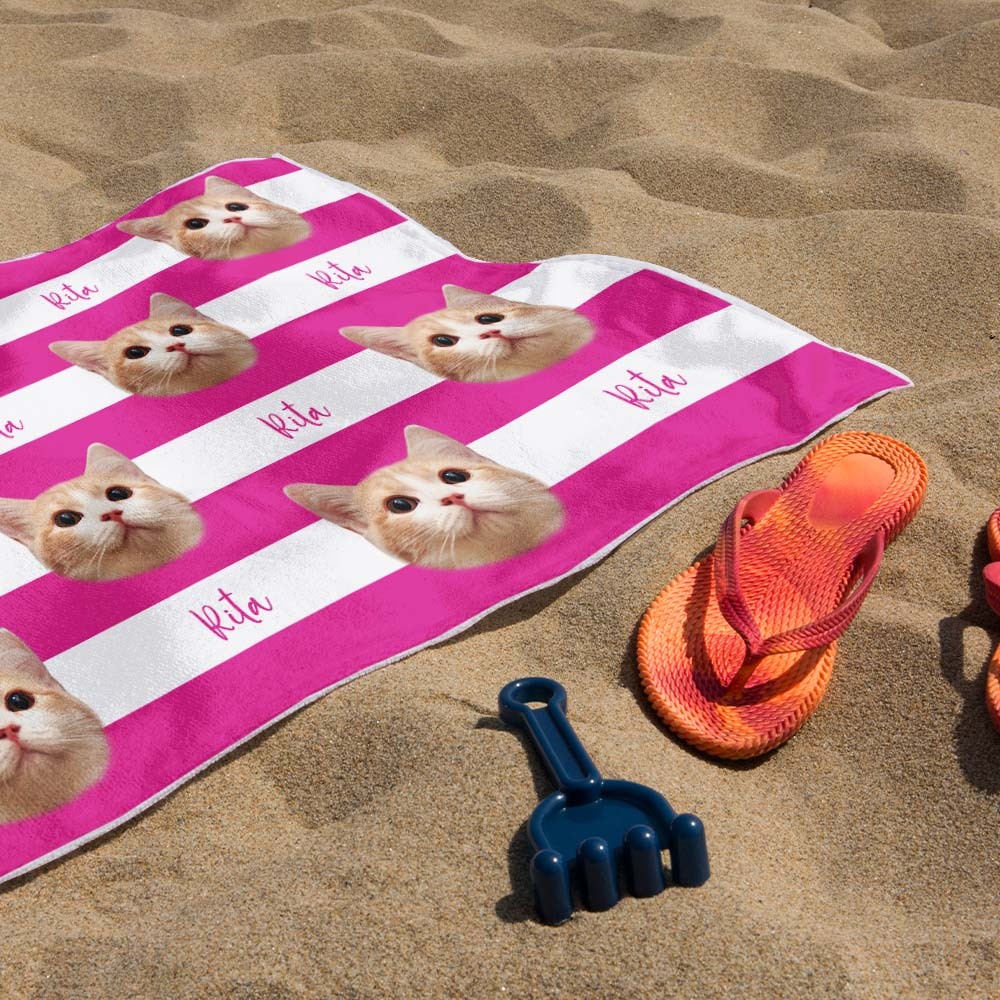 Custom Pet Photo Beach Towel Stripe Beach Towel Gift Summer Holiday - auphotoblanket