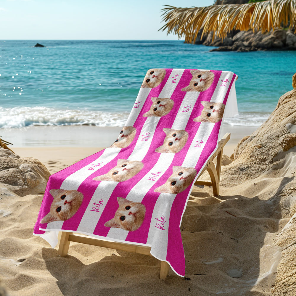 Custom Pet Photo Beach Towel Stripe Beach Towel Gift Summer Holiday - auphotoblanket