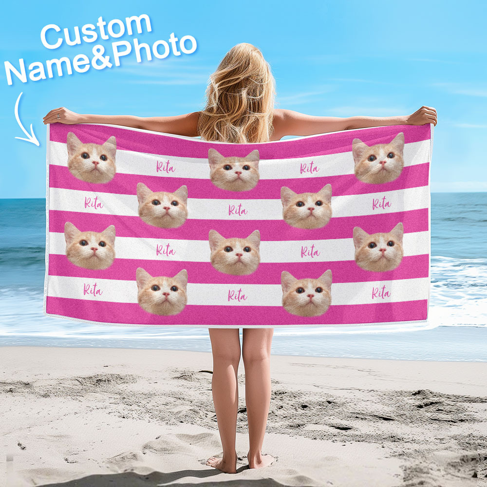 Custom Pet Photo Beach Towel Stripe Beach Towel Gift Summer Holiday - auphotoblanket