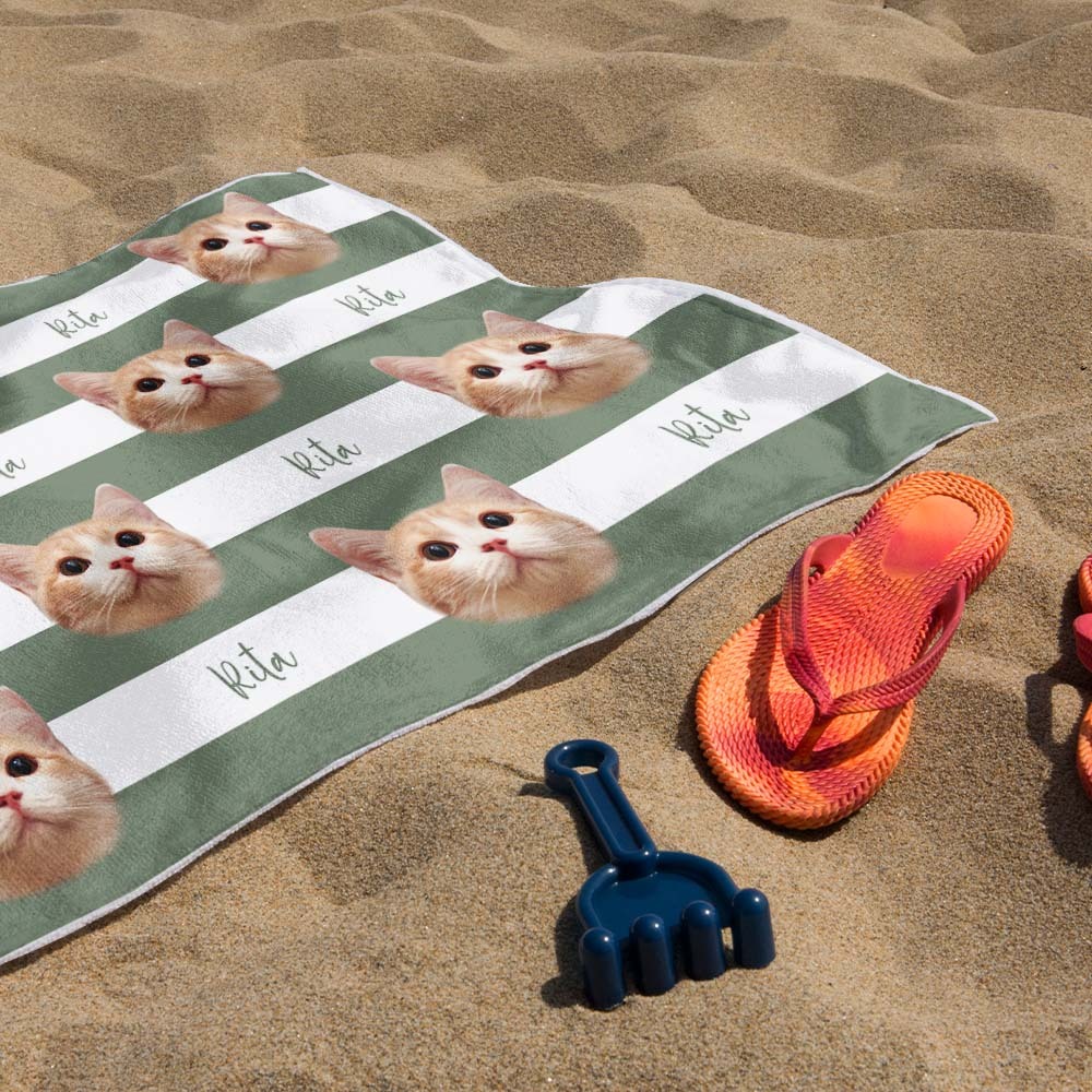 Custom Pet Photo Beach Towel Stripe Beach Towel Gift Summer Holiday - auphotoblanket
