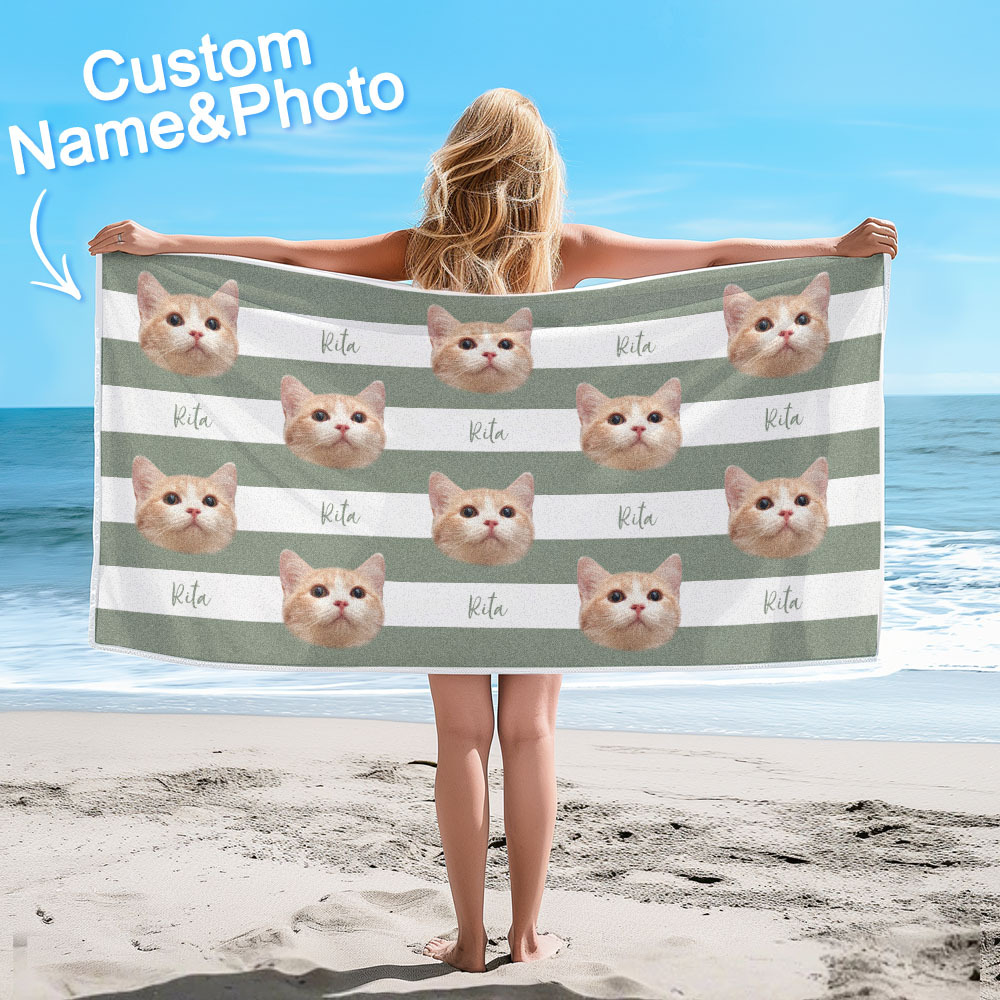 Custom Pet Photo Beach Towel Stripe Beach Towel Gift Summer Holiday - auphotoblanket