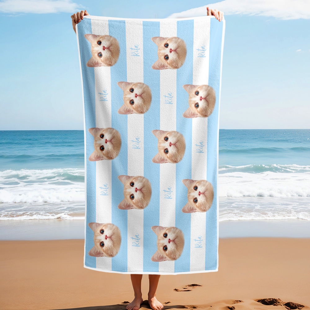Custom Pet Photo Beach Towel Stripe Beach Towel Gift Summer Holiday - auphotoblanket