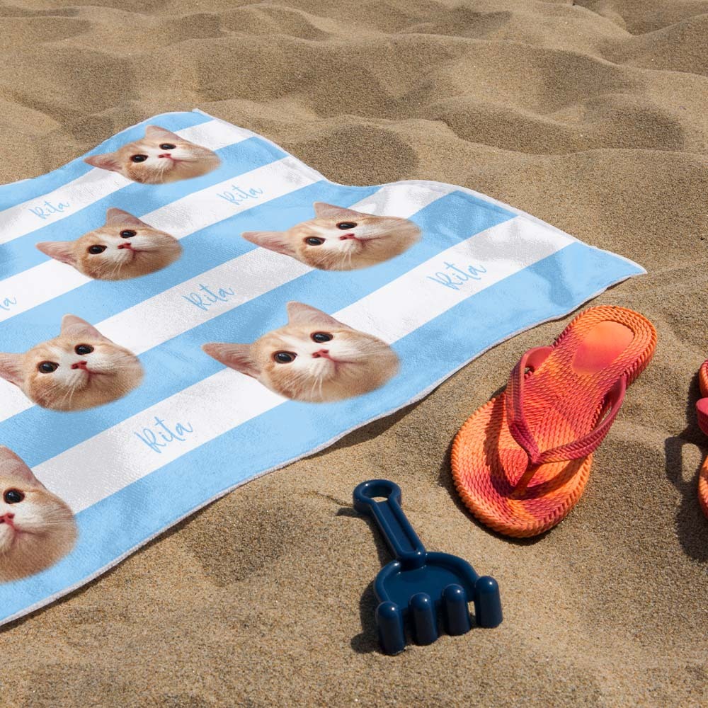 Custom Pet Photo Beach Towel Stripe Beach Towel Gift Summer Holiday - auphotoblanket