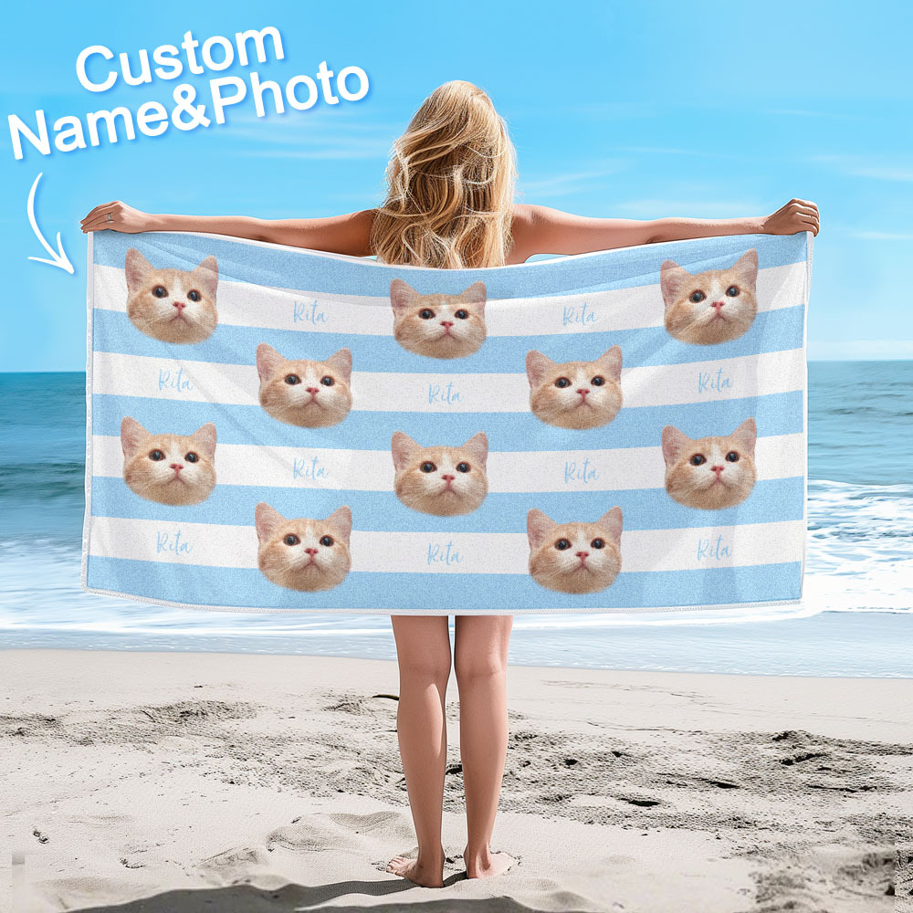 Custom Pet Photo Beach Towel Stripe Beach Towel Gift Summer Holiday - auphotoblanket