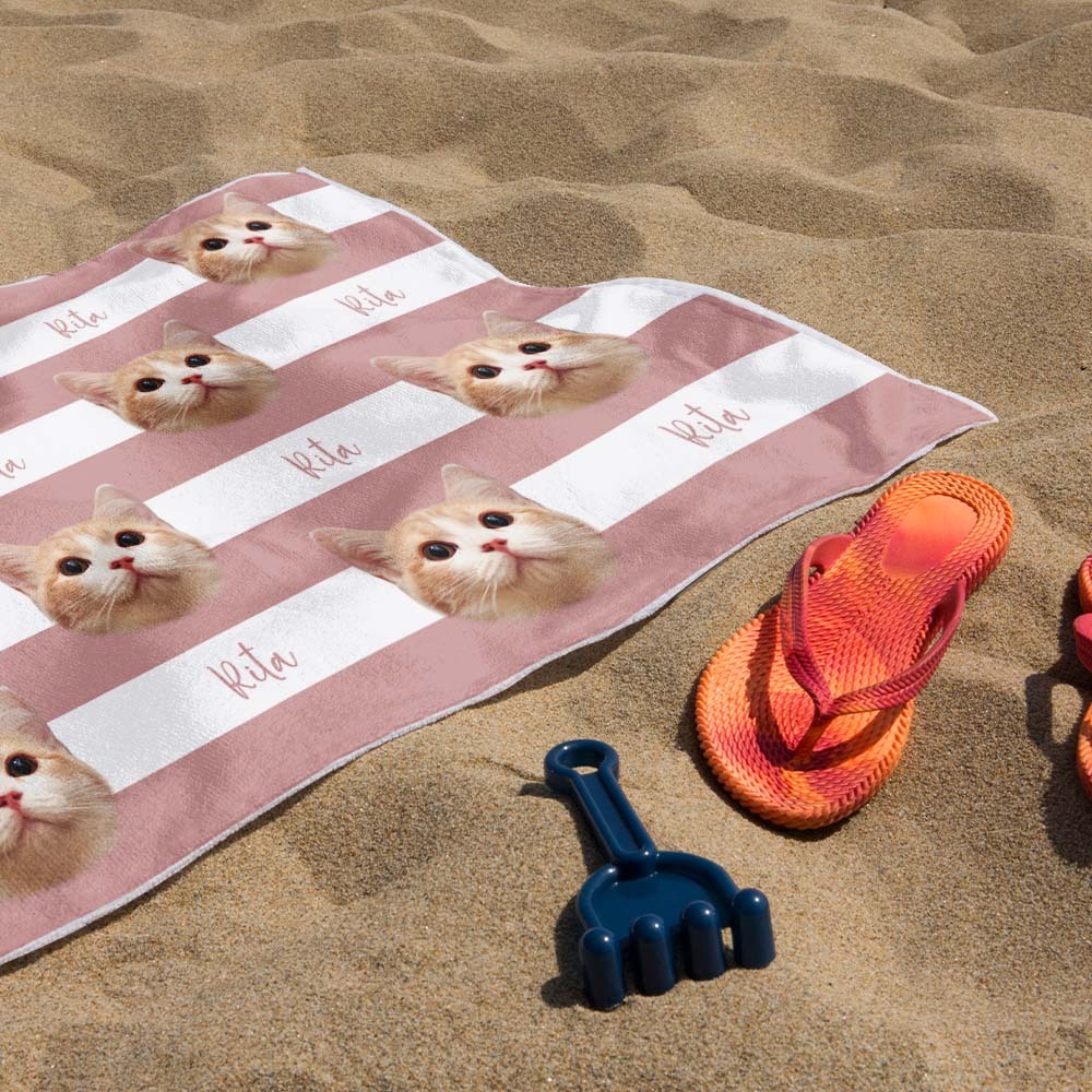Custom Pet Photo Beach Towel Stripe Beach Towel Gift Summer Holiday - auphotoblanket