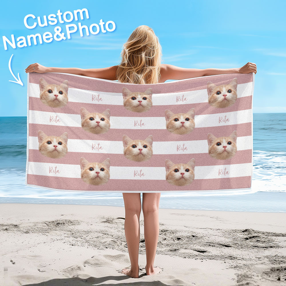 Custom Pet Photo Beach Towel Stripe Beach Towel Gift Summer Holiday - auphotoblanket