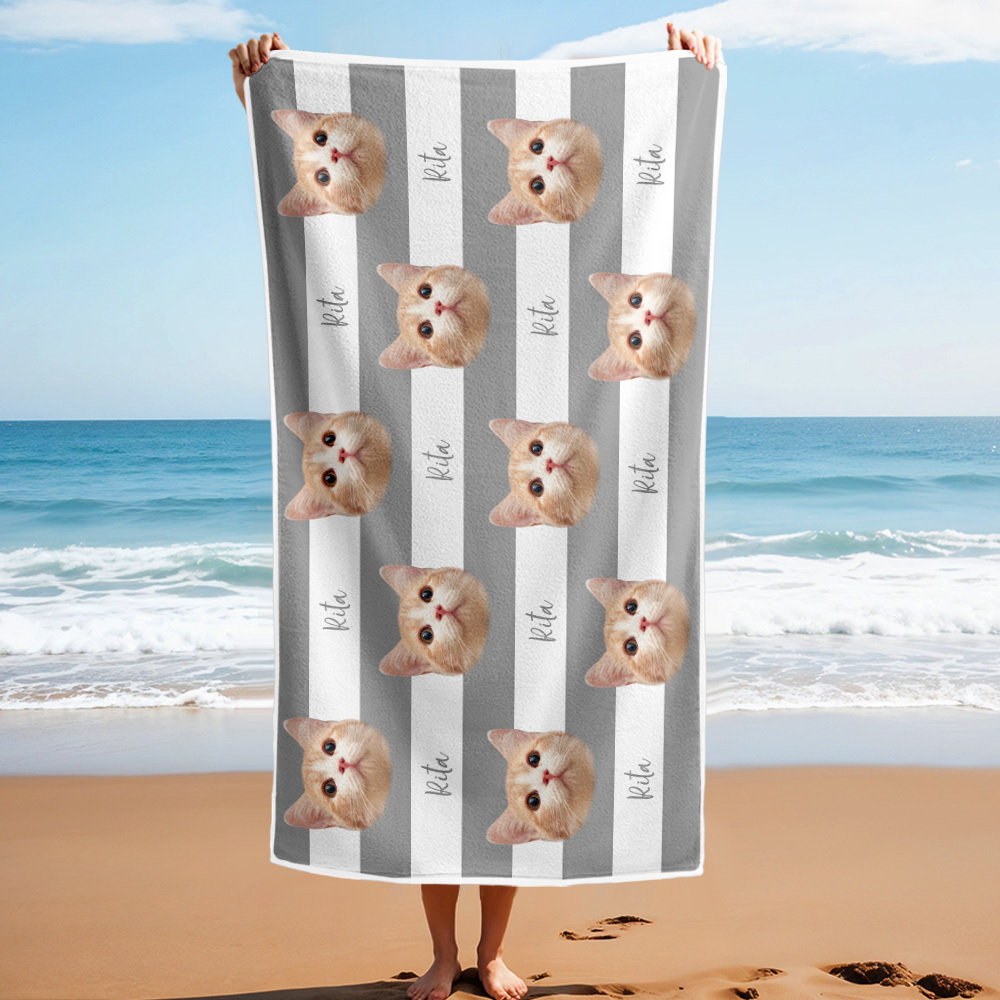 Custom Pet Photo Beach Towel Stripe Beach Towel Gift Summer Holiday - auphotoblanket