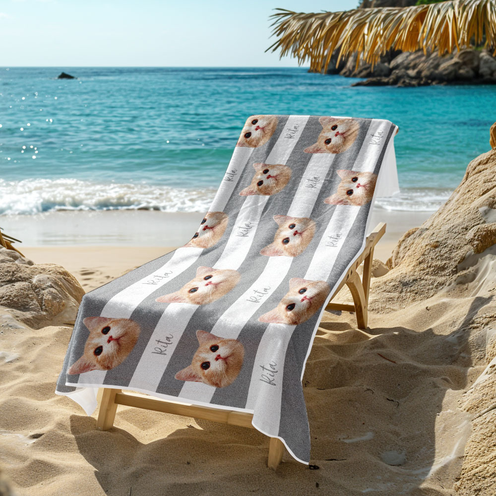 Custom Pet Photo Beach Towel Stripe Beach Towel Gift Summer Holiday - auphotoblanket