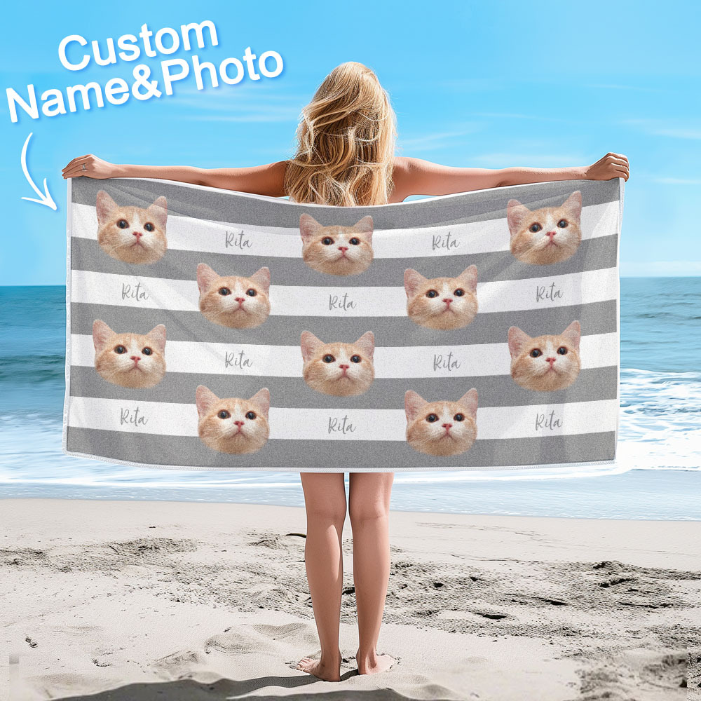 Custom Pet Photo Beach Towel Stripe Beach Towel Gift Summer Holiday - auphotoblanket