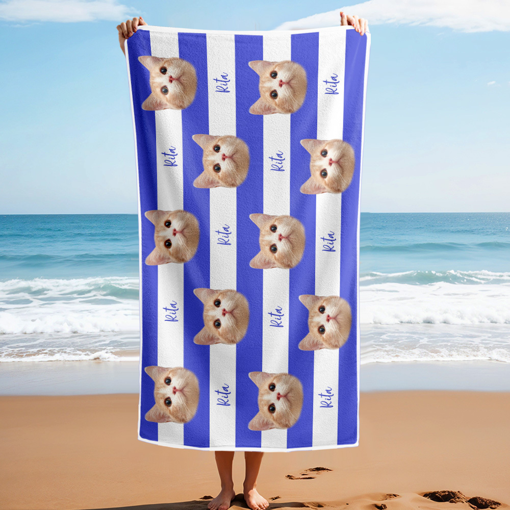 Custom Pet Photo Beach Towel Stripe Beach Towel Gift Summer Holiday - auphotoblanket