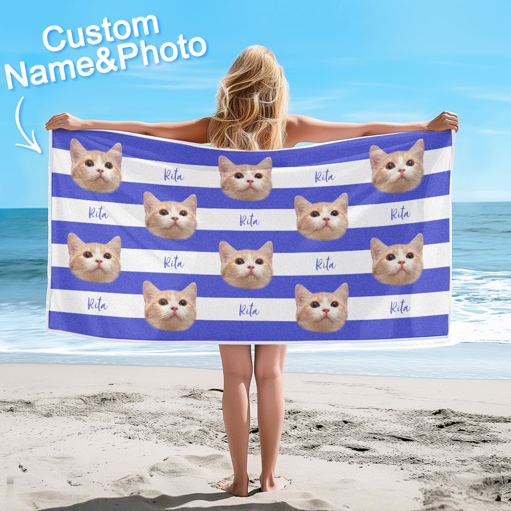 Custom Pet Photo Beach Towel Stripe Beach Towel Gift Summer Holiday - auphotoblanket