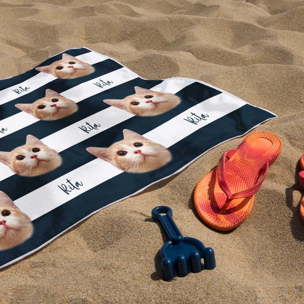 Custom Pet Photo Beach Towel Stripe Beach Towel Gift Summer Holiday - auphotoblanket