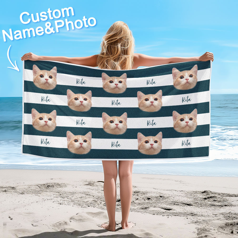 Custom Pet Photo Beach Towel Stripe Beach Towel Gift Summer Holiday - auphotoblanket