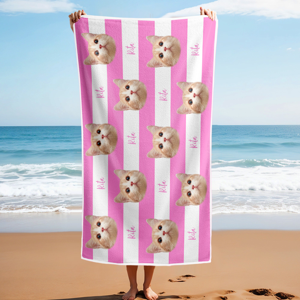 Custom Pet Photo Beach Towel Stripe Beach Towel Gift Summer Holiday - auphotoblanket