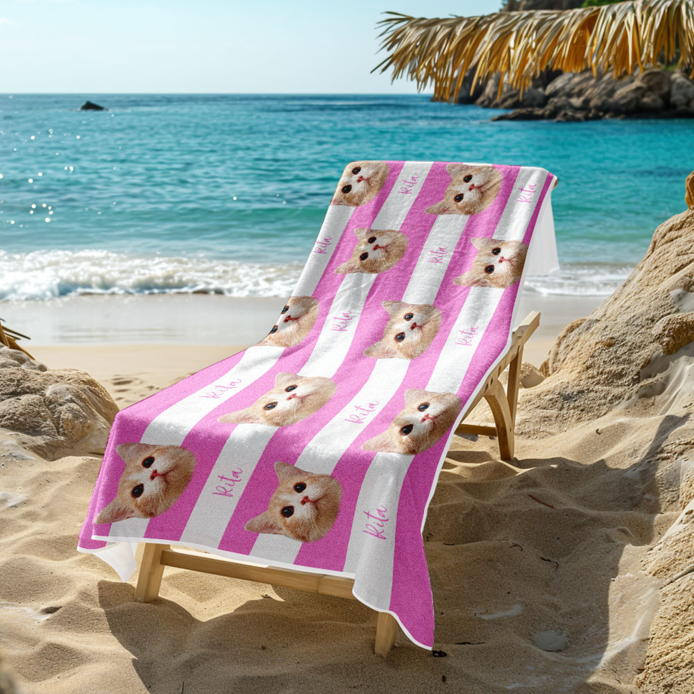 Custom Pet Photo Beach Towel Stripe Beach Towel Gift Summer Holiday - auphotoblanket