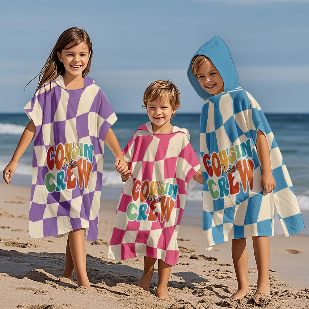 Custom Checkerboard Spiral Ray Hooded Beach Towel Personalized Cousin Crew Beach Towel with Name Summer Gift for Kids - auphotoblanket