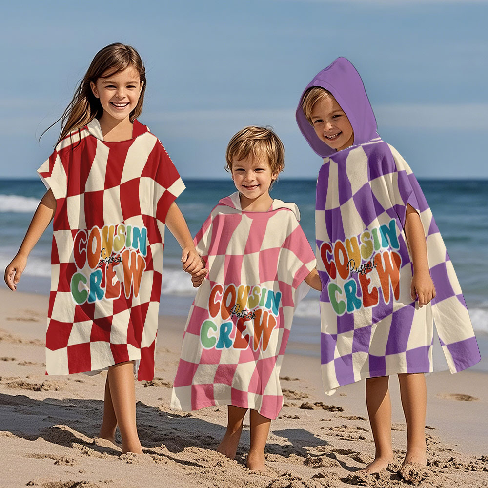 Custom Checkerboard Spiral Ray Hooded Beach Towel Personalized Cousin Crew Beach Towel with Name Summer Gift for Kids - auphotoblanket