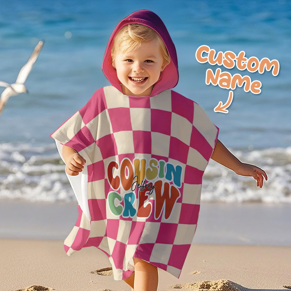 Custom Checkerboard Spiral Ray Hooded Beach Towel Personalized Cousin Crew Beach Towel with Name Summer Gift for Kids - auphotoblanket