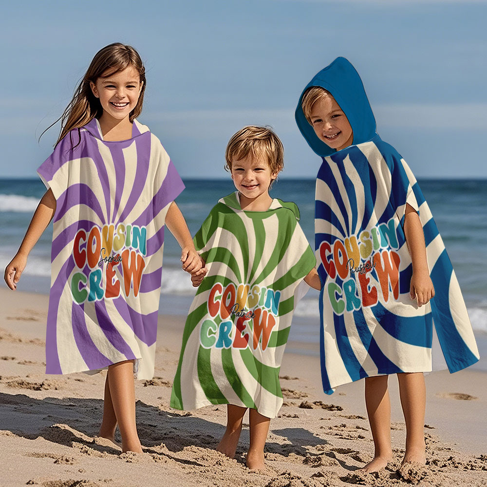Custom Checkerboard Spiral Ray Hooded Beach Towel Personalized Cousin Crew Beach Towel with Name Summer Gift for Kids - auphotoblanket