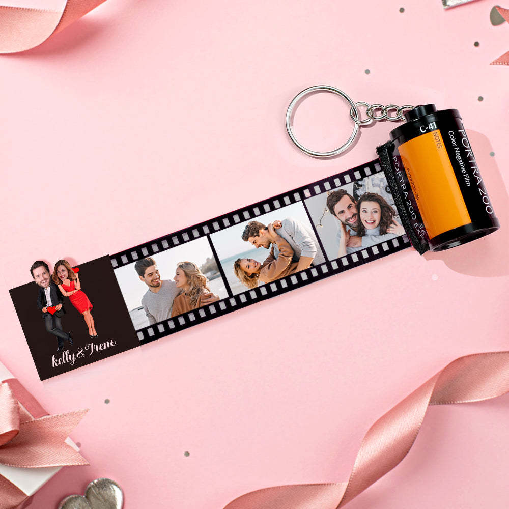 Custom Face Film Roll Keychain Personalized Photo Love Heart Camera Keychain Valentine's Day Gifts For Couples - auphotoblanket