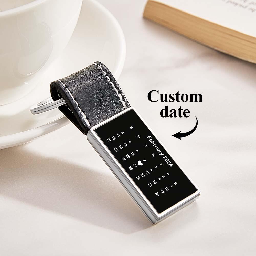 Customized Calendar Date Leather Keychain With Engraved Text Valentine Exclusive Gift For Men - auphotoblanket