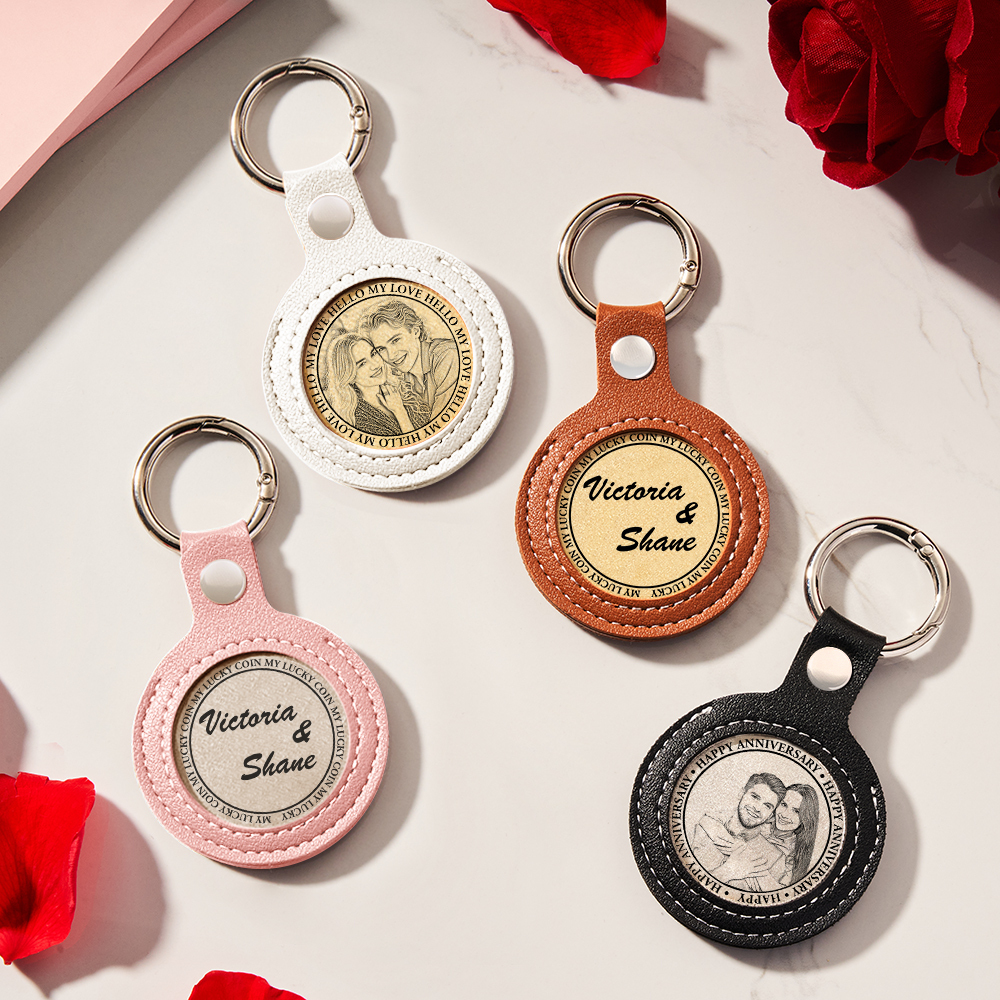 Personalized Calendar Lucky Charm Gold Coin Keychain with Custom Photo & Date | Engraved Titanium Steel Coin in PU Leather Case | Anniversary, Birthday, Christmas Gift for Couples - auphotoblanket