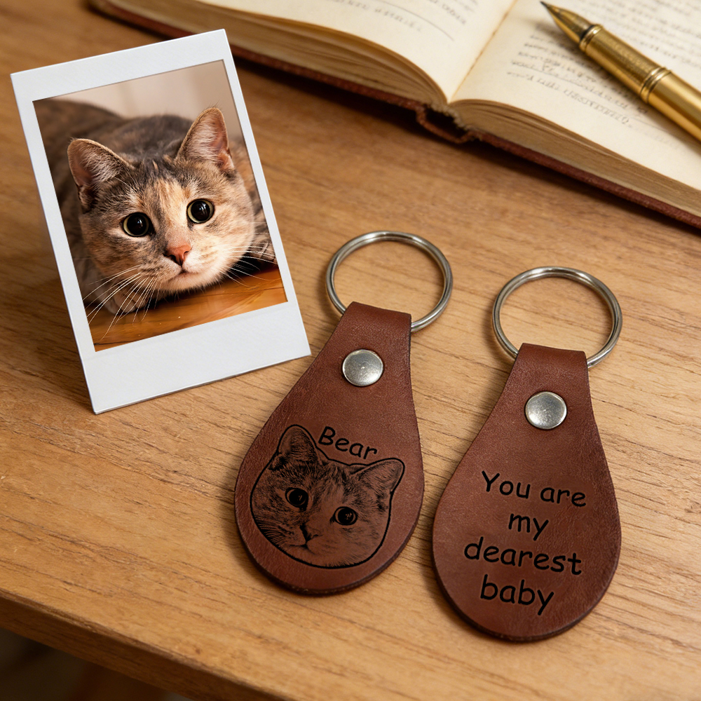 Engraved Pet Portrait Keyring: Custom Faux Leather Dog Dad Dog Mum Gift - auphotoblanket