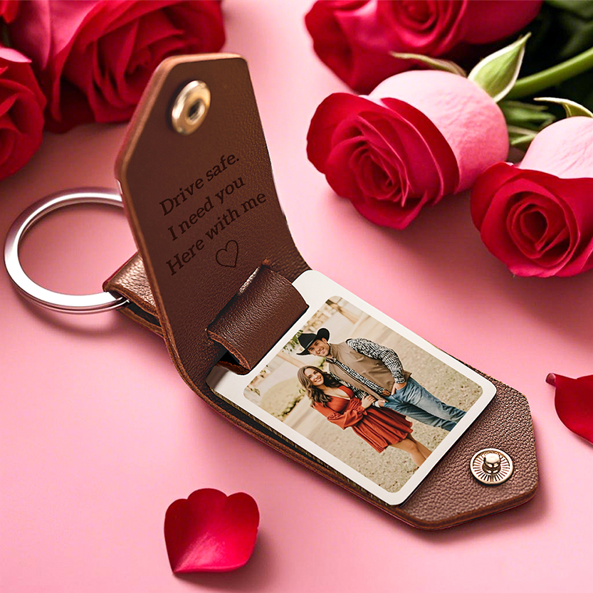 Custom Leather Photo Text Keychain Anniversary Gift For Couple Valentine's Day Gifts - auphotoblanket