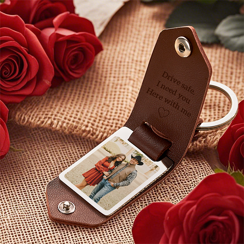 Custom Leather Photo Text Keychain Anniversary Gift For Couple Valentine's Day Gifts - auphotoblanket