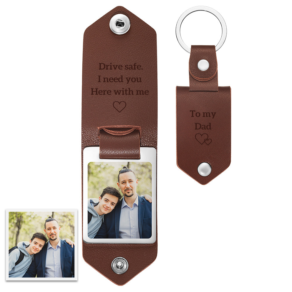Gifts for Dad Custom Leather Photo Text Keychain Drive Safe for Father's Day