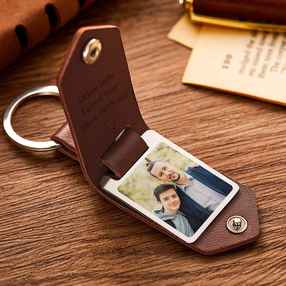 Gifts for Dad Custom Leather Photo Text Keychain Drive Safe for Father's Day - auphotoblanket