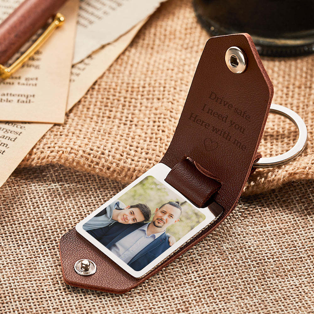 Gifts for Dad Custom Leather Photo Text Keychain Drive Safe for Father's Day - auphotoblanket