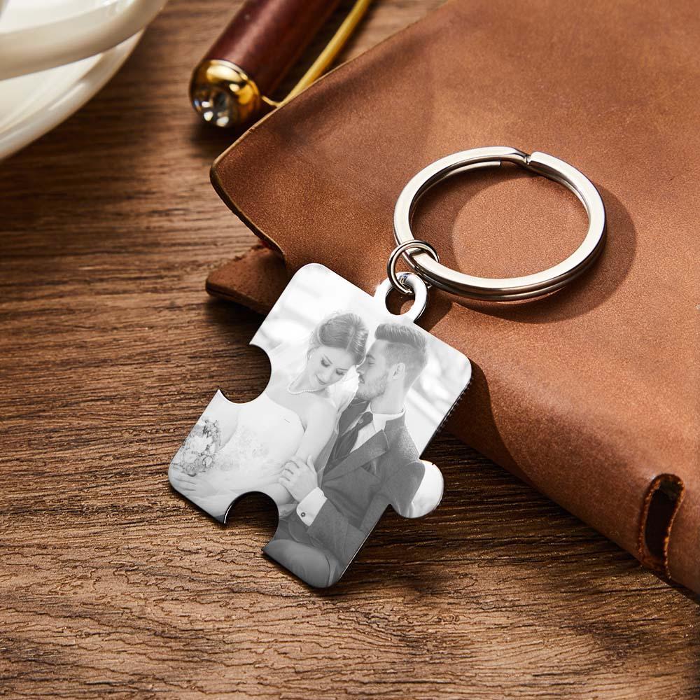 Personalized Jigsaw Puzzle Piece Custom Photo Keychain Couple Anniversary Long Distance Gift - auphotoblanket